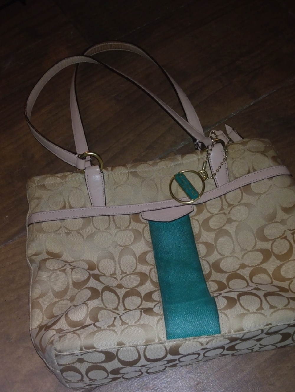Coach Beige Tote with Teal Center Stripe and Pale Pink Trim